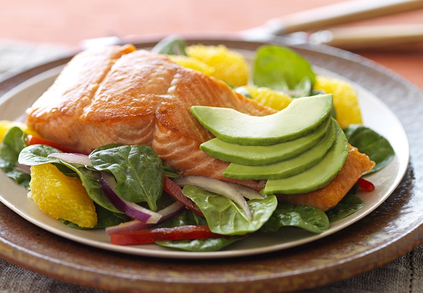 Grilled Salmon with Avocado Spinach Salad